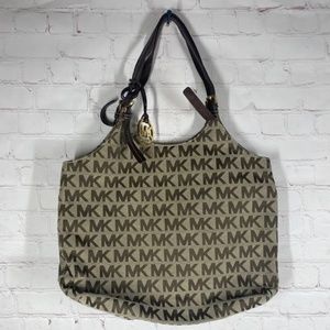 MK Jets en jacquard Michael Kors Logo bag, Beige and Brown, Golden Badge.